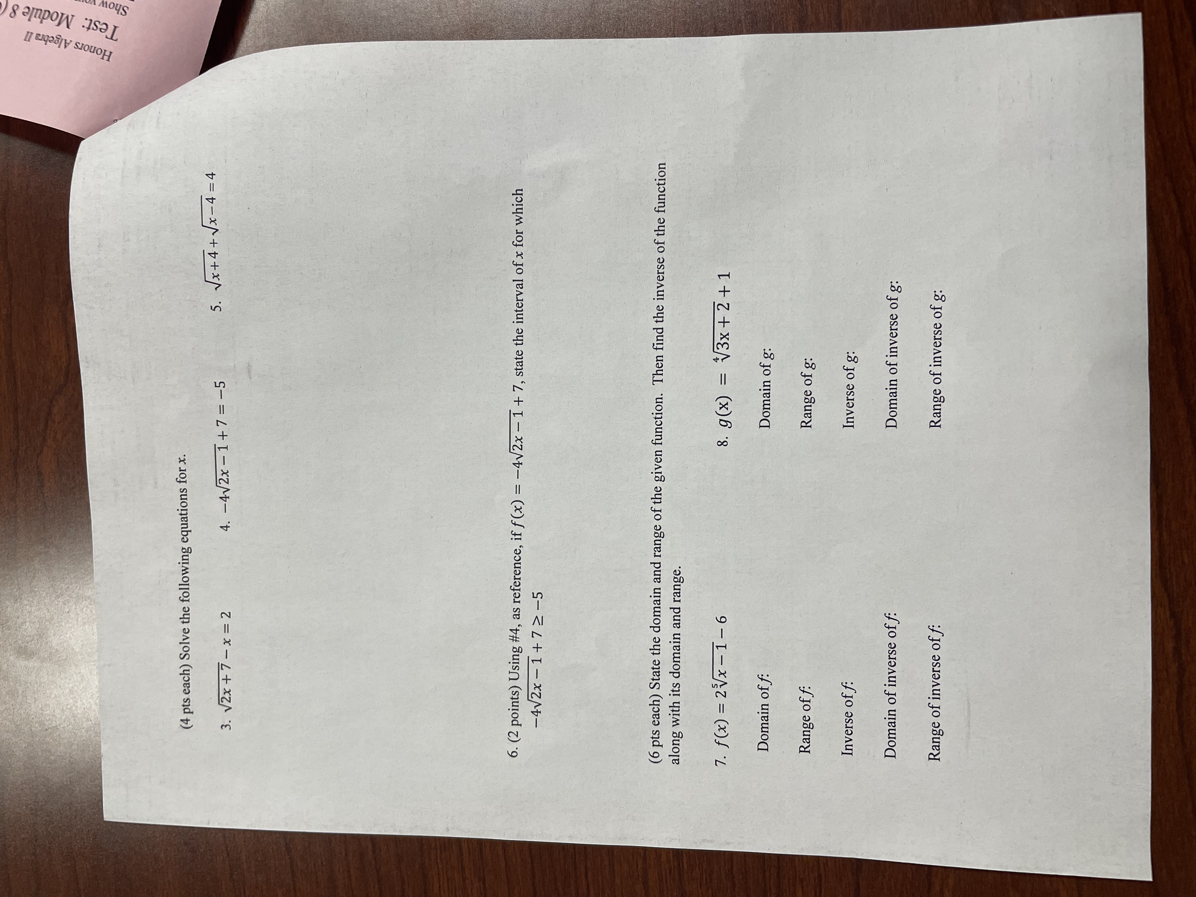 Test: Module 8 Honors Algebra II Show (4 pts