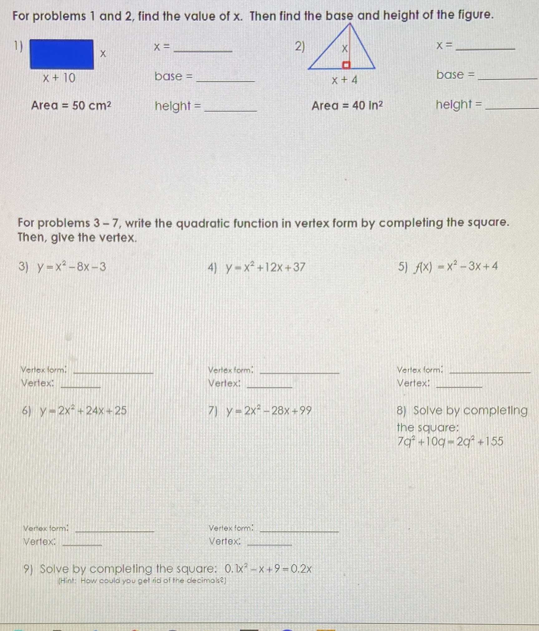 For problems 1 and 2, find the value of x. Then