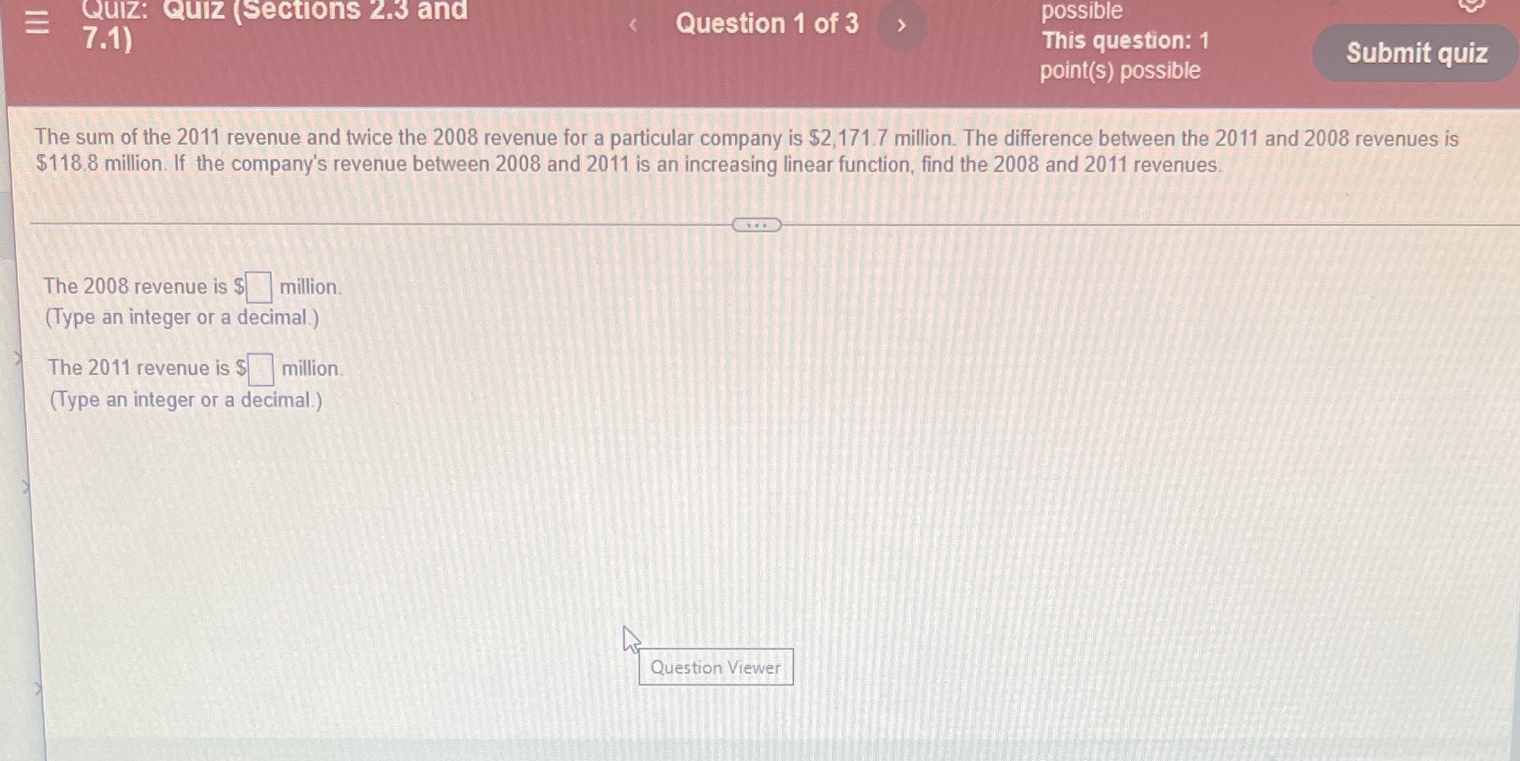 Quiz: Quiz (Sections 2.3 and Question 1 of 3