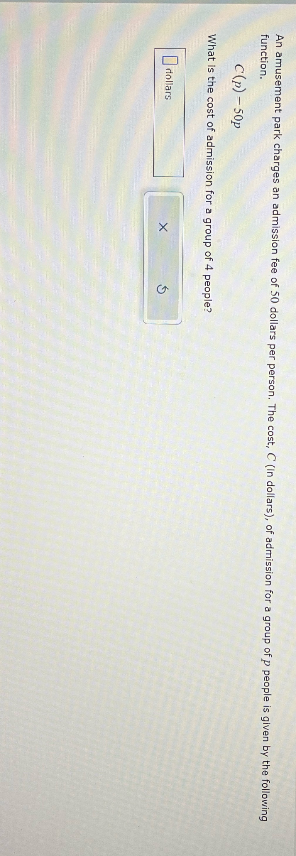 An amusement park charges an admission fee of 50