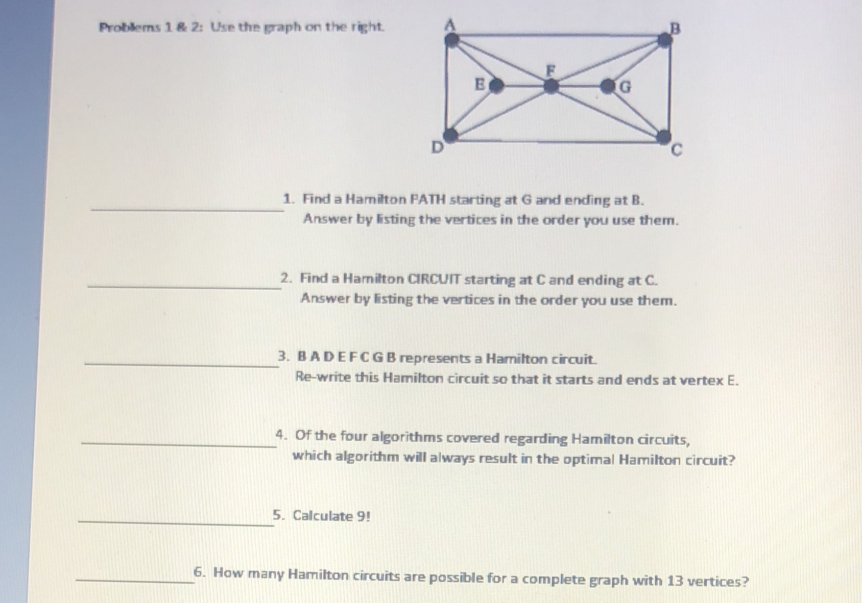 Problems 1 & 2: Use the graph on the right. E G D