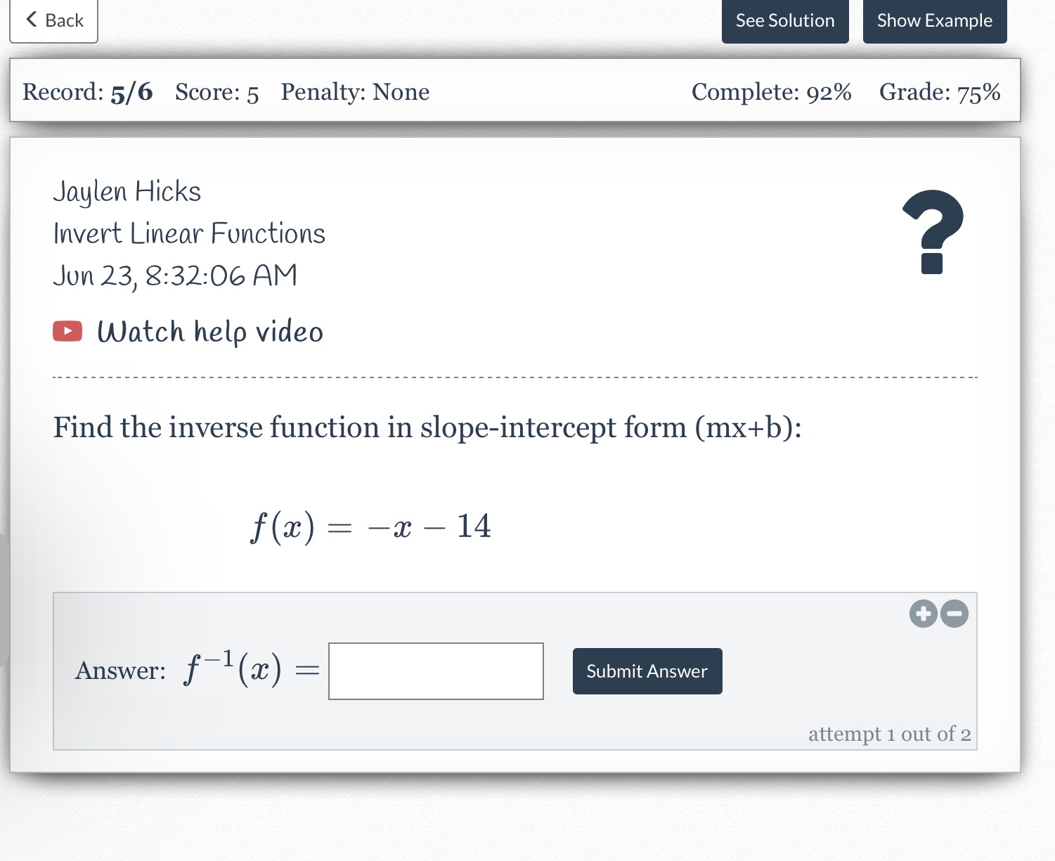 Number 1 < Back See Solution Show Example Record: