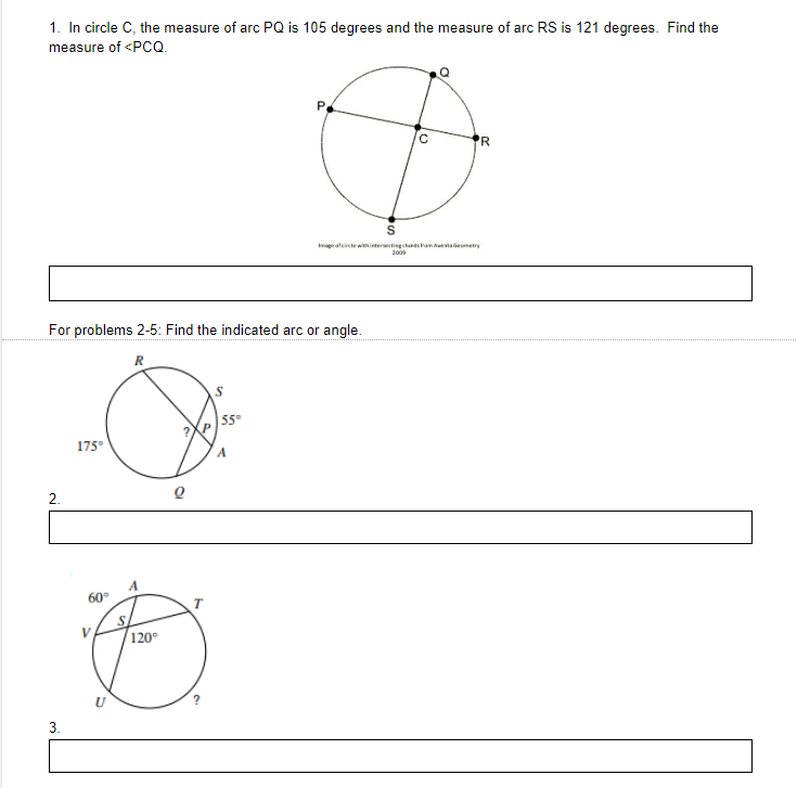 1. In circle C, the measure of arc PQ is 105
