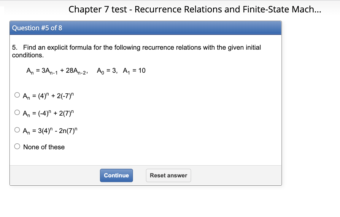 Chapter 7 test - Recurrence Relations and
