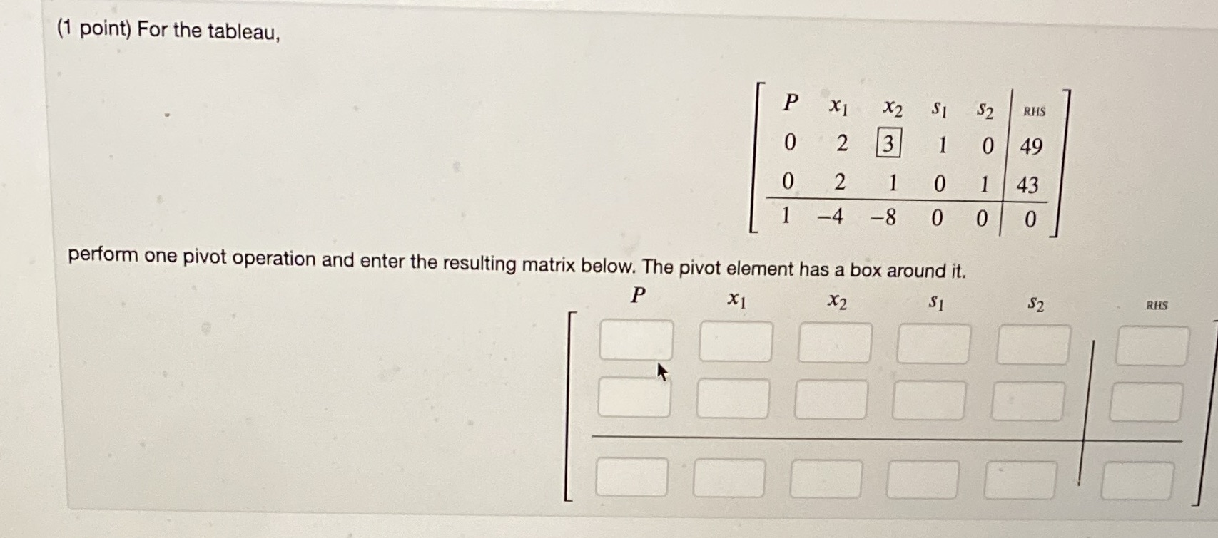 (1 point) For the tableau, X1 X 2 $2 RHS 0 2 3 0
