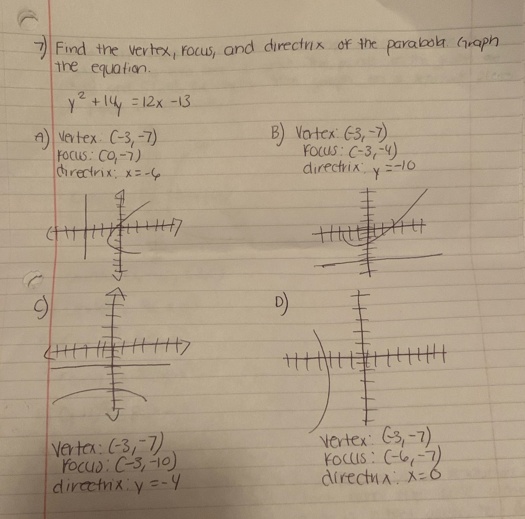 7) Find the vertex, focus, and directrix of the