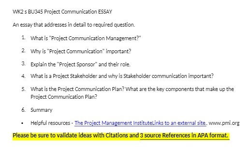 WK2 s BU345 Project Communication ESSAY An essay