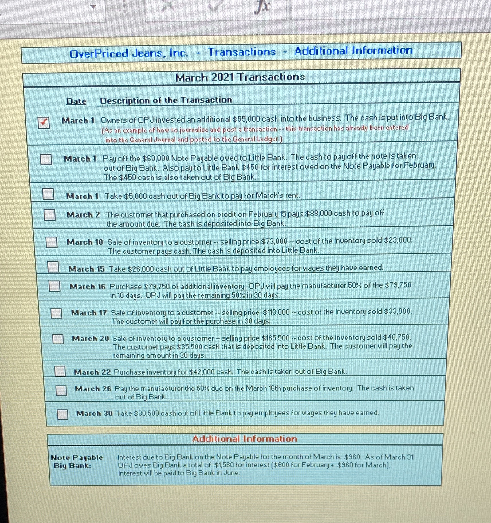 OverPriced Jeans, Inc. - Transactions -