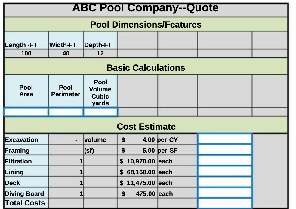 ABC Pool Company--Quote Pool Dimensions/Features