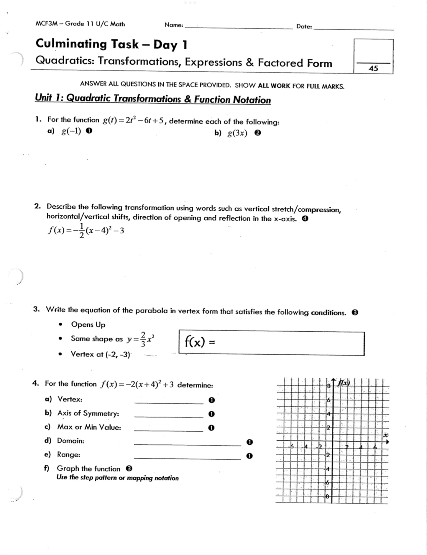MCFBM Grade 1 i U/C Moth Name: Date: Unit 2: