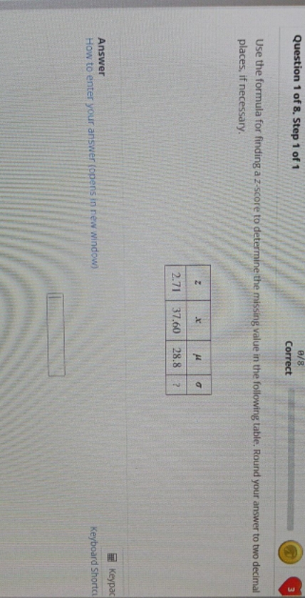 Answer Please. Question 1 of 8. Step 1 of 1 0/8 m