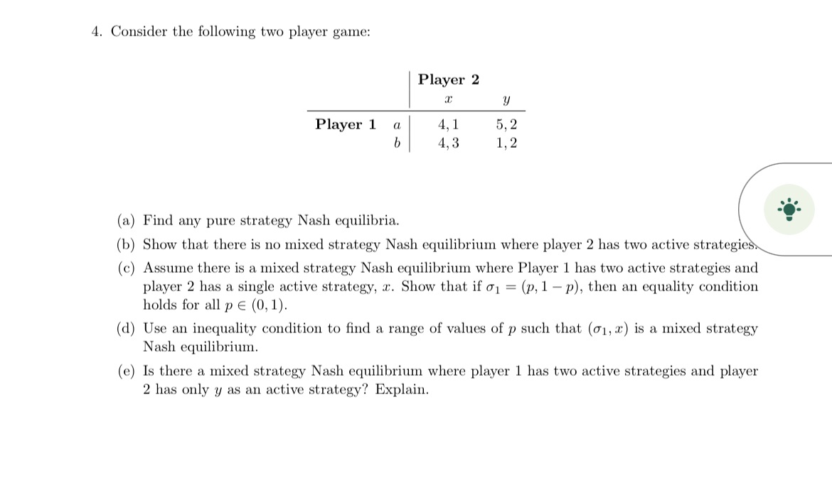 4. Consider the following two player game: Player