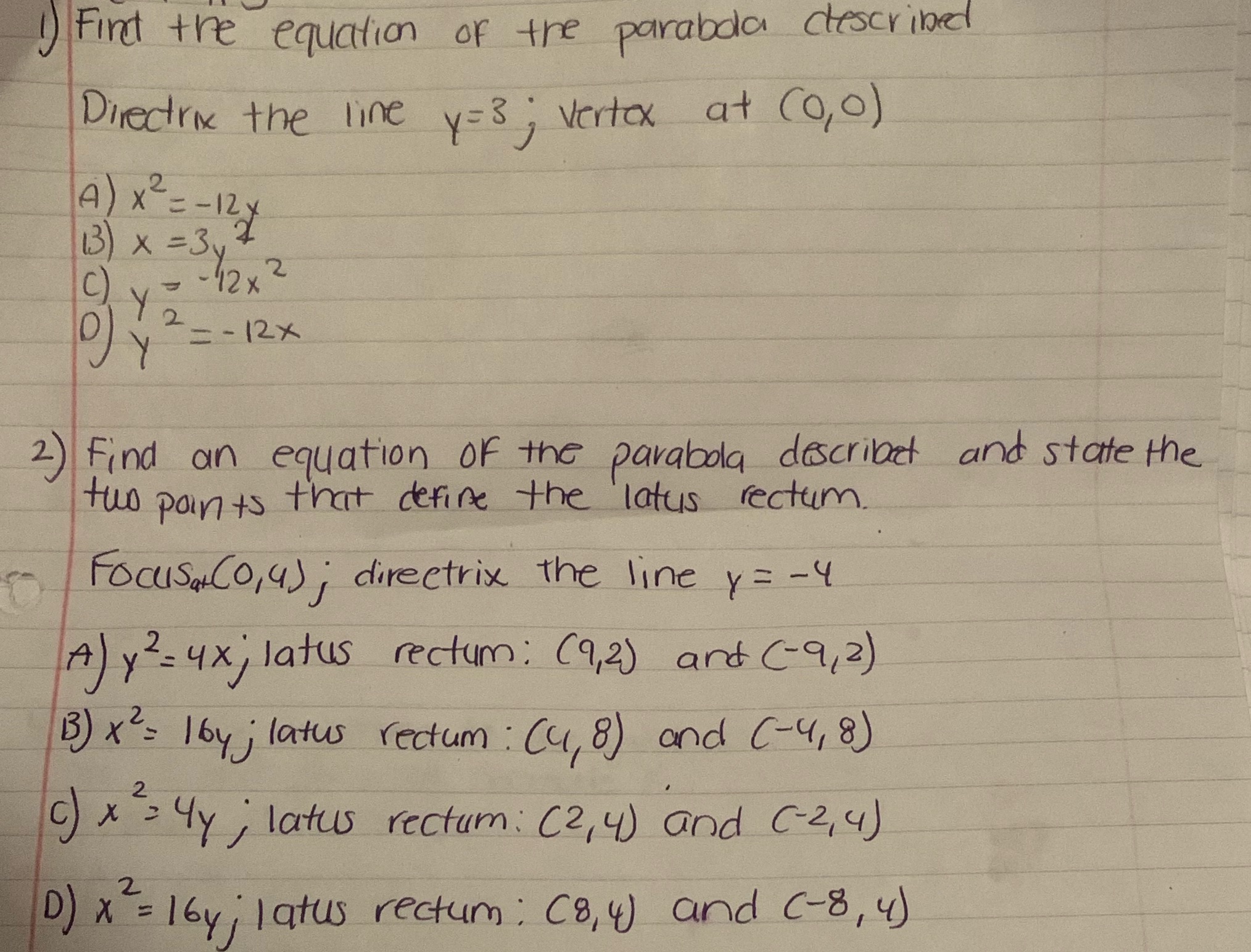 1 ) Find the equation of the parabola clescribed