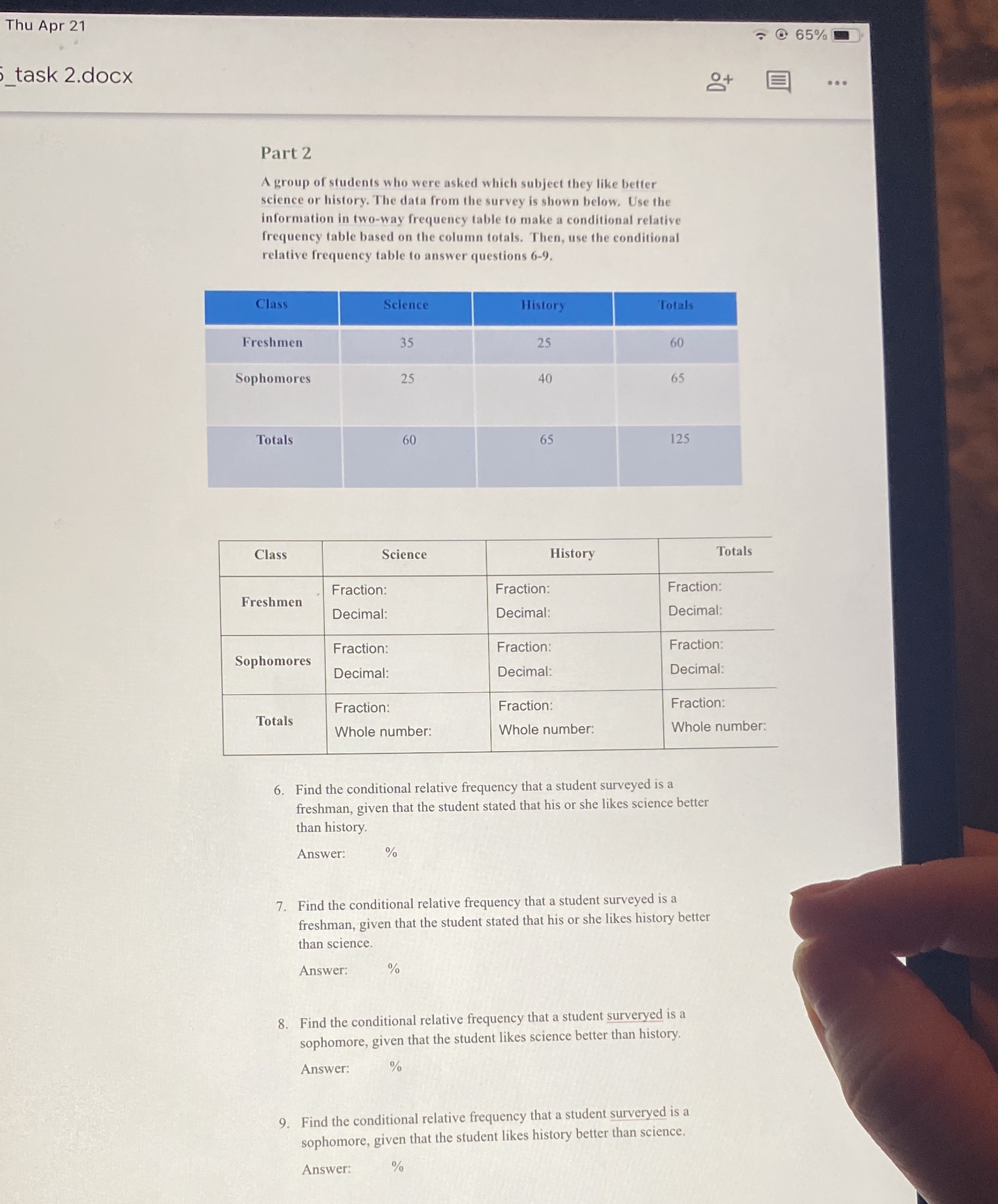 Thu Apr 21 0 65% task 2.docx 8+ . .. Part 2 A