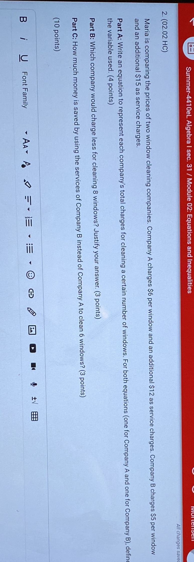 Please answer PartABC 0- Summer-4410el Algebra I