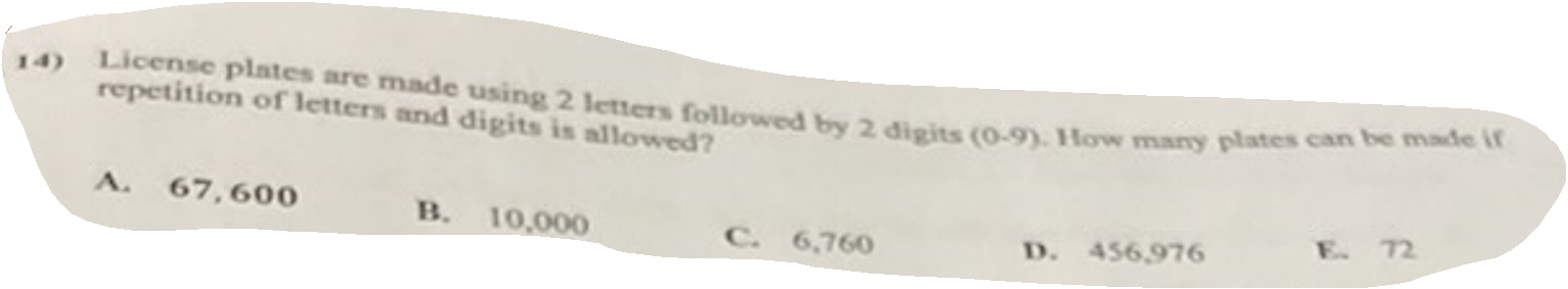 14) License plates are made using 2 letters