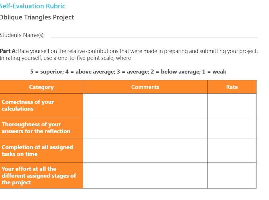 SelfEvaluation Rubric Dblique Triangles Project