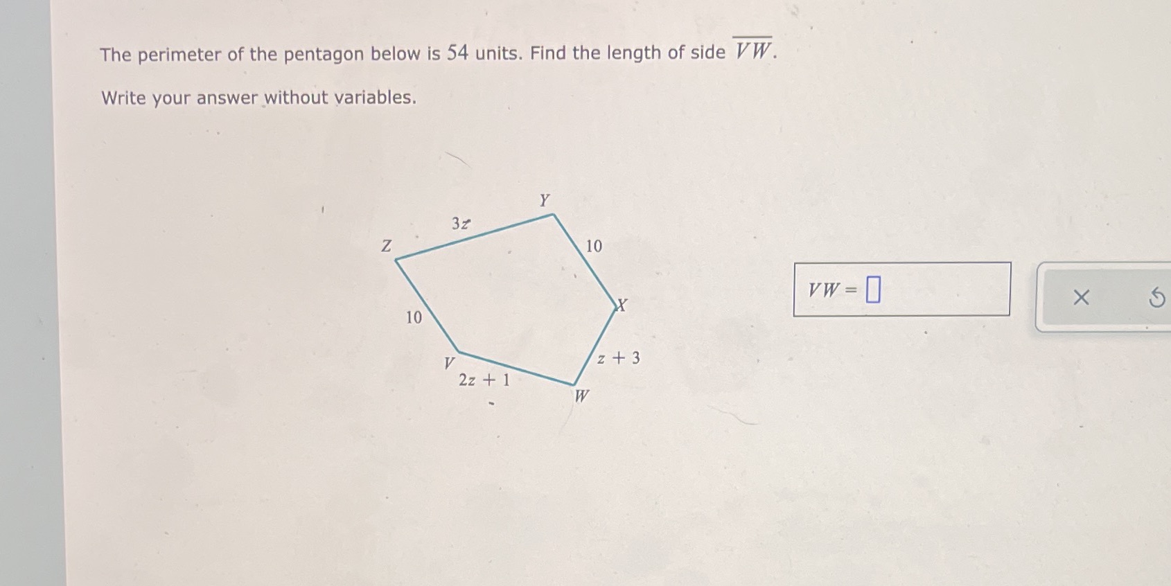 The perimeter of the pentagon below is 54 units.