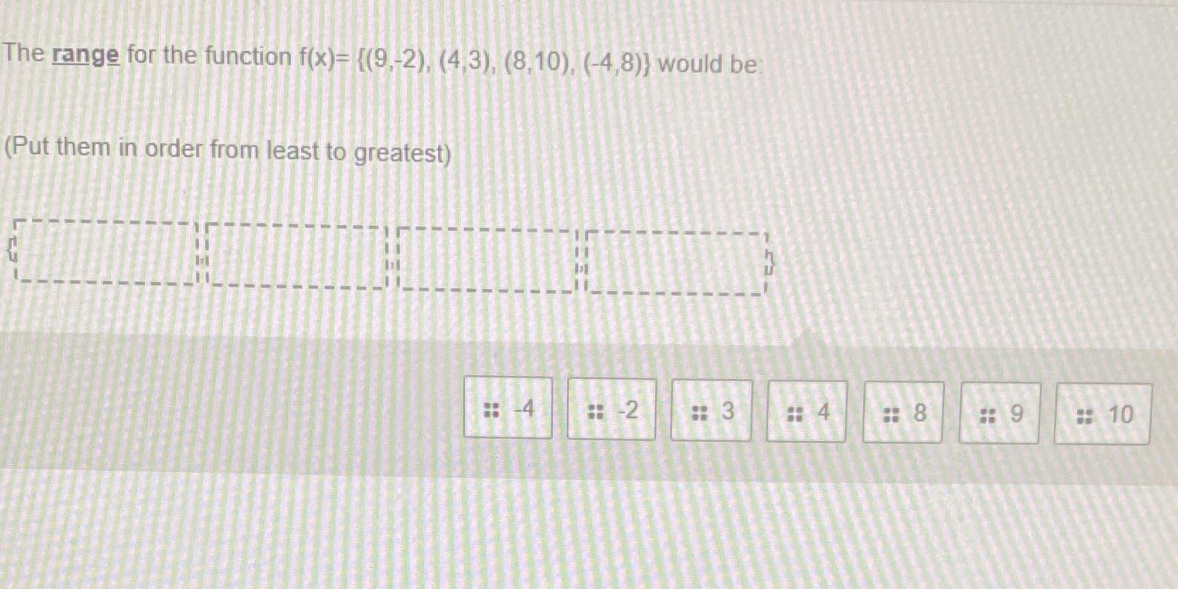 The range for the function f(x)= {(9,-2). (4 3),