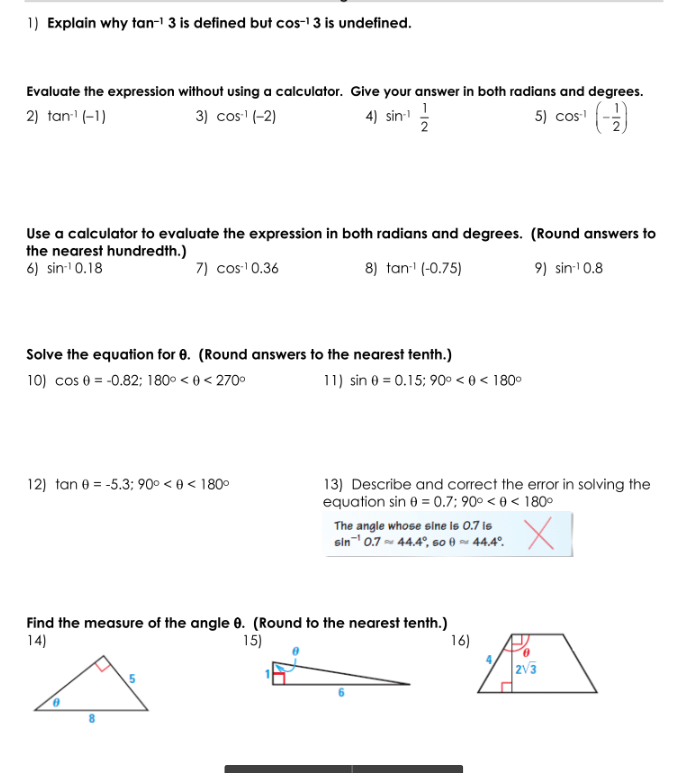 1) Explain why tan-1 3 is defined but cos-1 3 is
