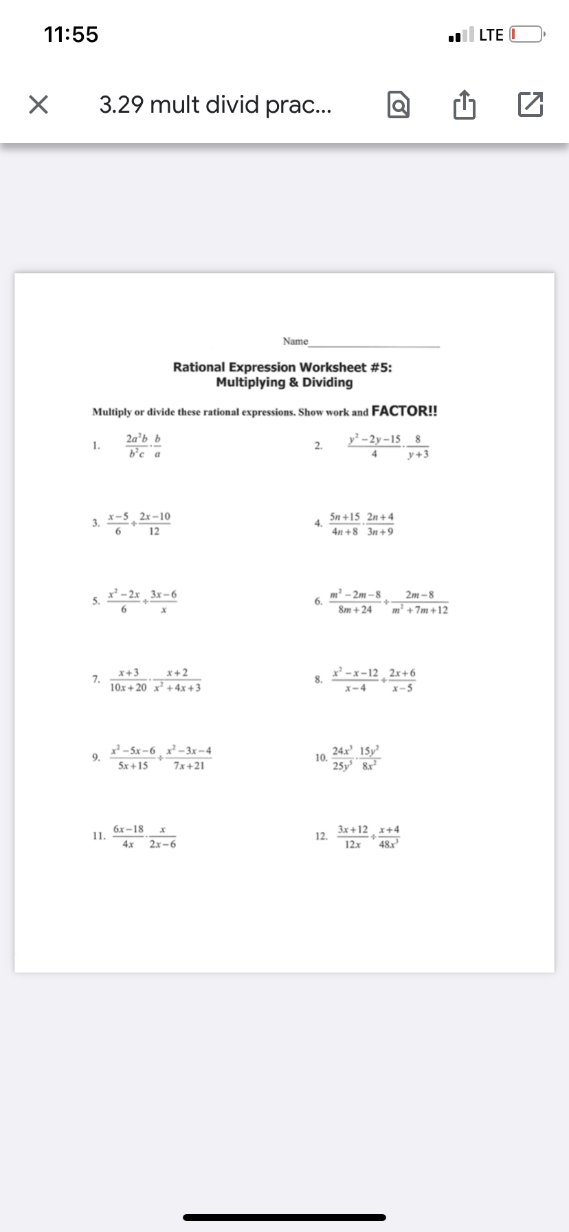 11:55 . LTE X 3.29 mult divid prac... Name