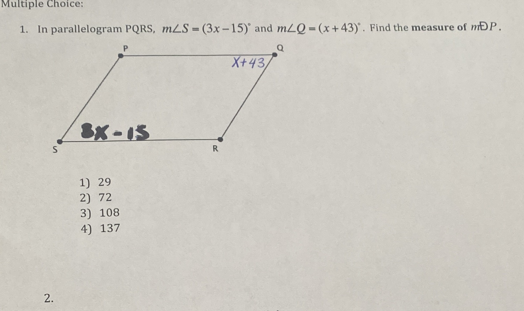 In parallelogram PQRS, m angle S=(3x-15)^ and m