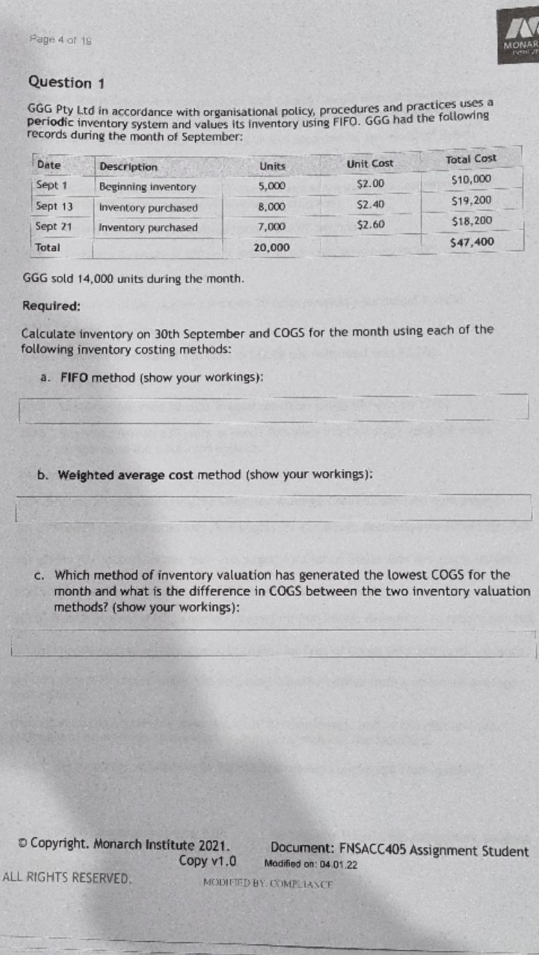 please help Page 4 of 19 MONAR Question 1 GGG Pty