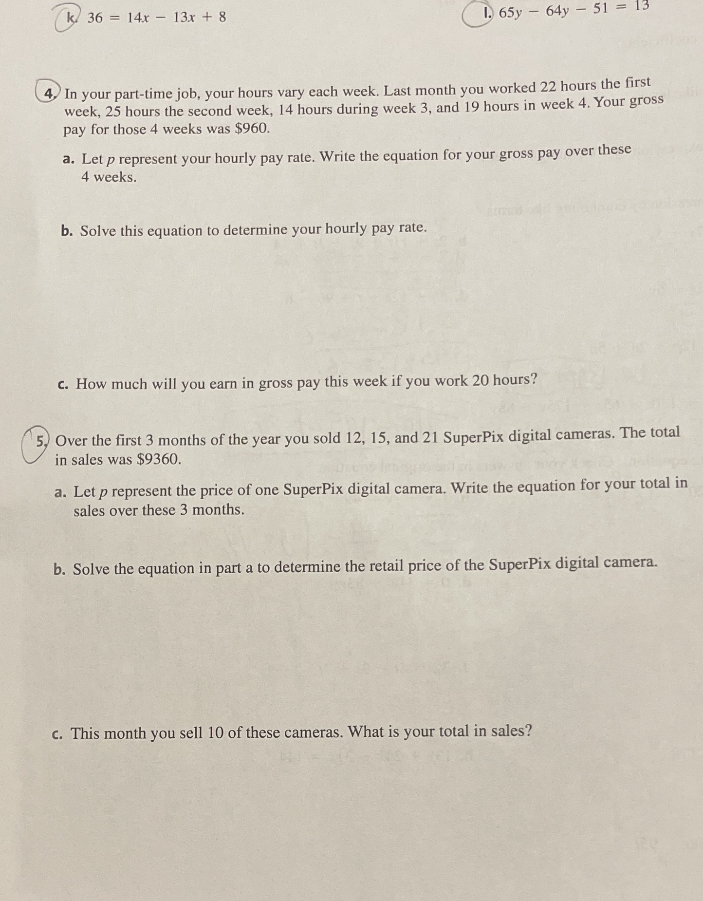 k/ 36 = 14x - 13x + 8 1. 65y - 64y - 51 = 13 4,