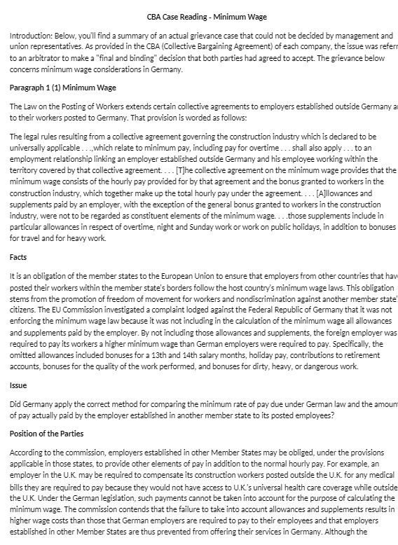 CBA Case Reading - Minimum Wage Introduction: