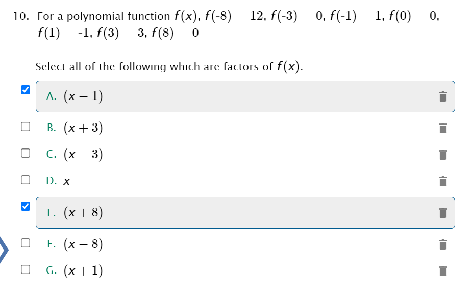 10. For a polynomial function f(x), f(-8) = 12,