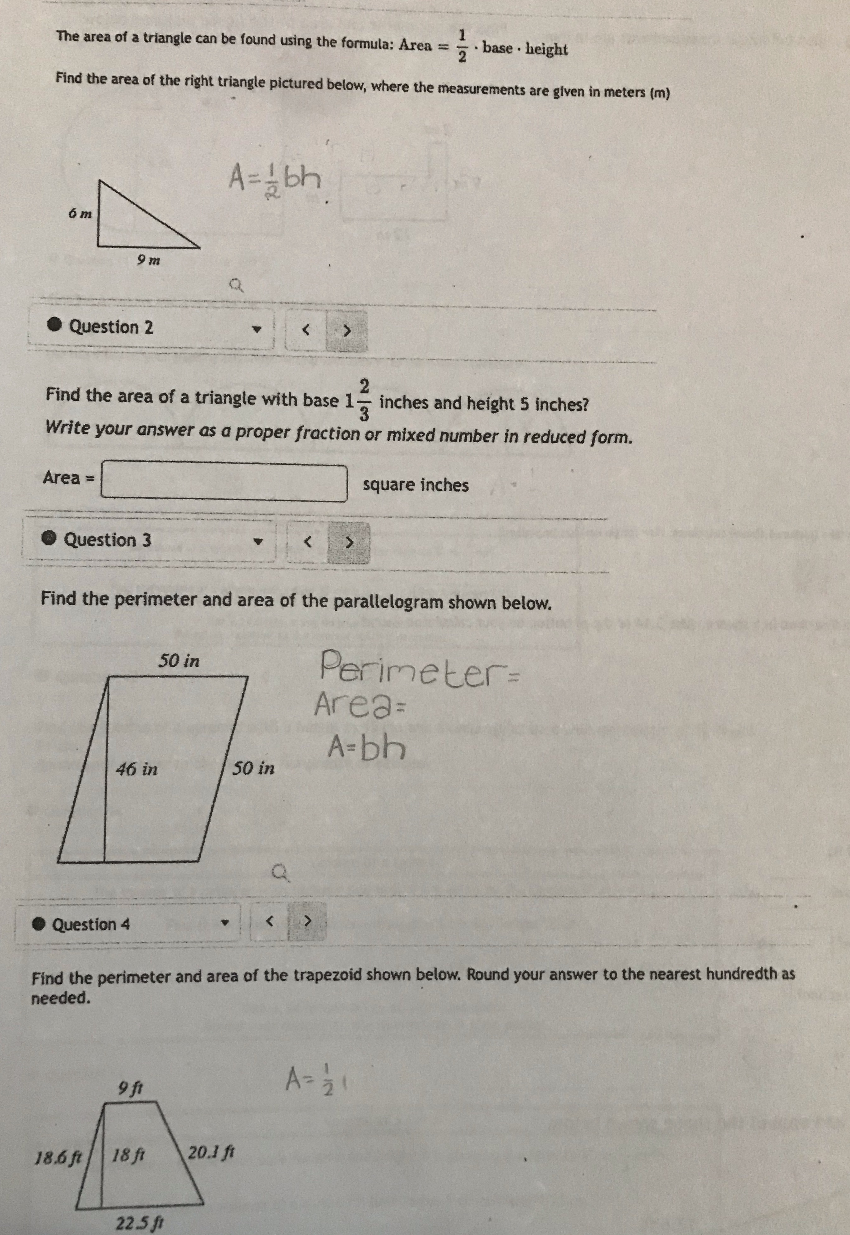 Help with these questions The area of a triangle