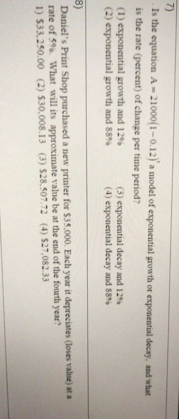 is the equation A = 2100(1-0.12)^t a model of