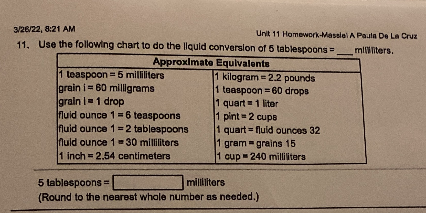 3/26/22, 8:21 AM Unit 11 Homework-Massiel A Paula