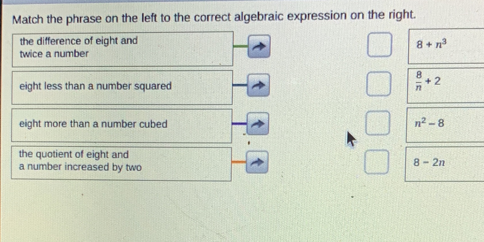 Match the phrase on the left to the correct