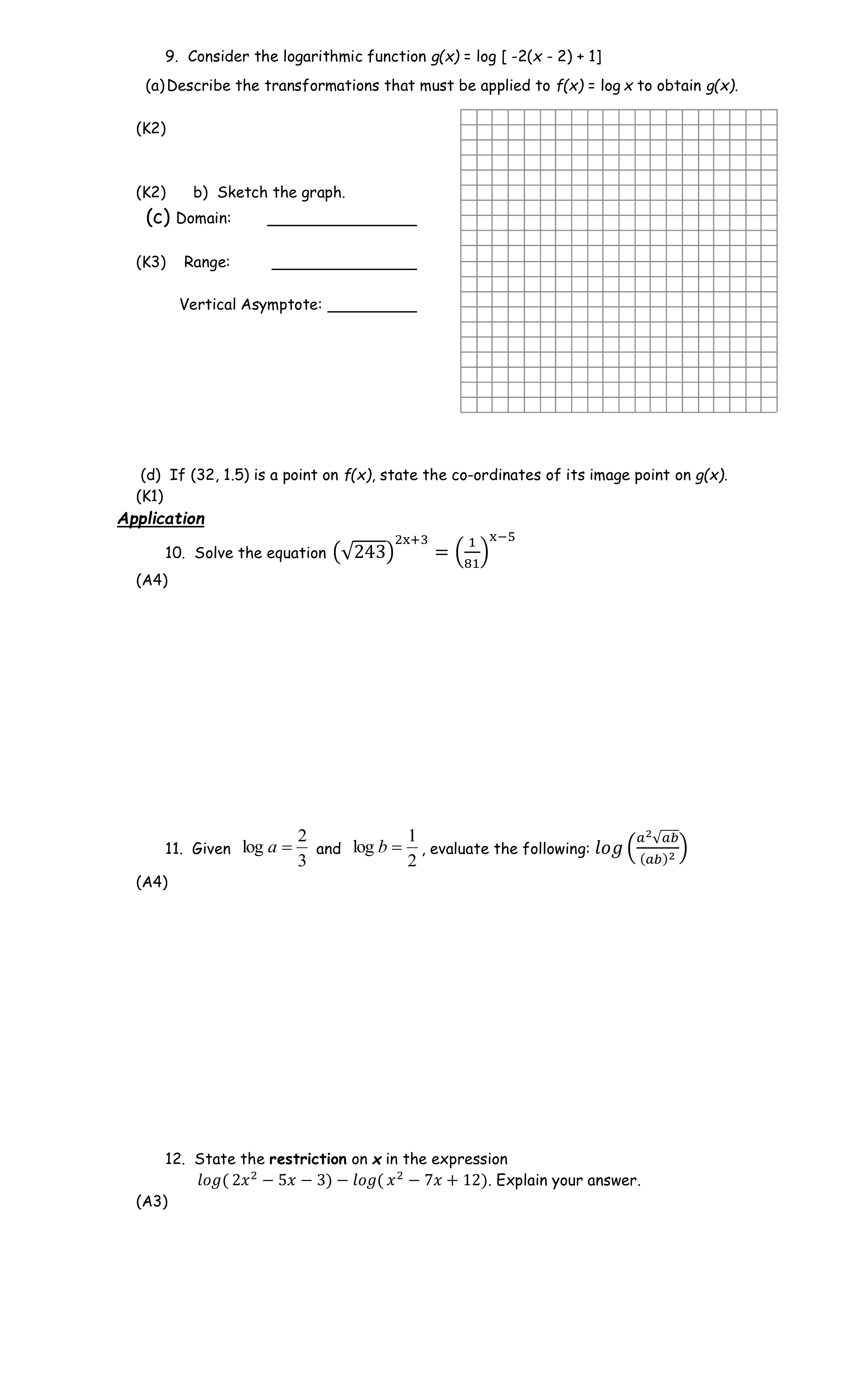 9. Consider the logarithmic function g(x) = log [