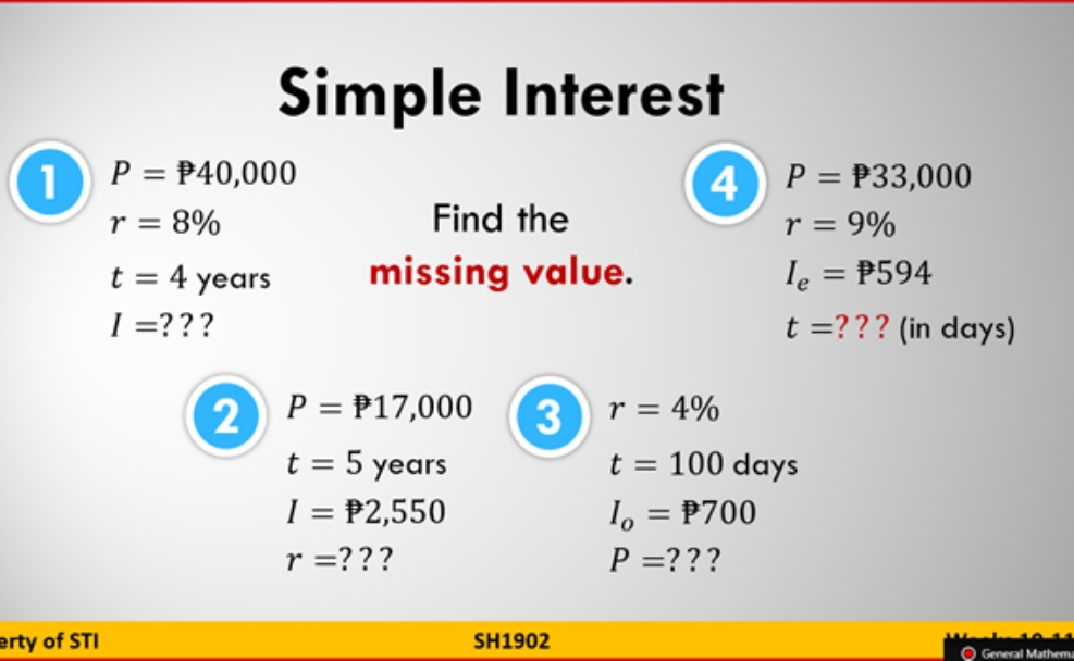 with solutions Simple Interest 1 P = P40,000 4 P