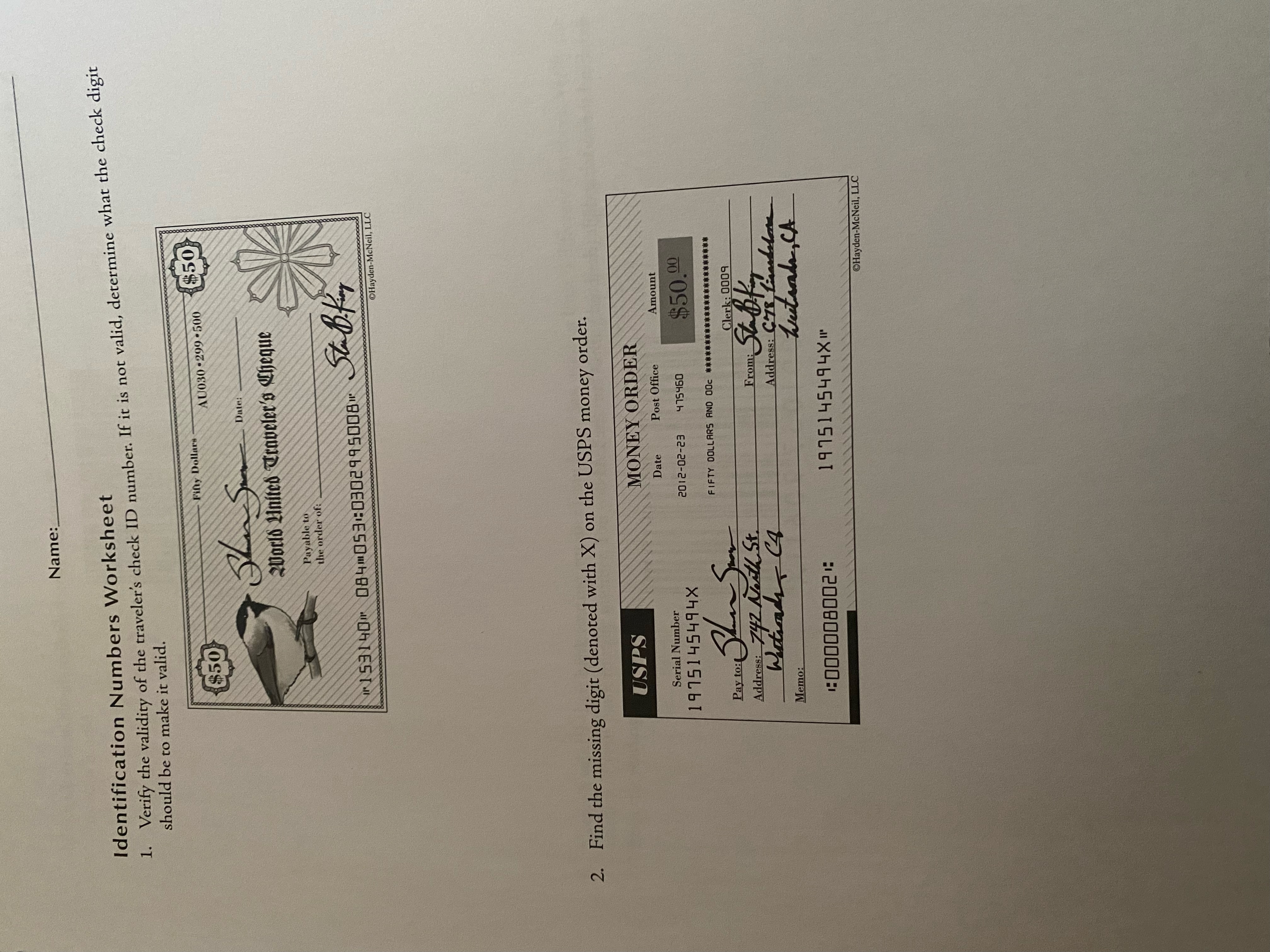 Name: Identification Numbers Worksheet 1. Verify