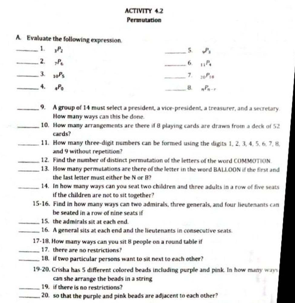 PROBABILITY ACTIVITY 4.2 Permutation A. Evaluate