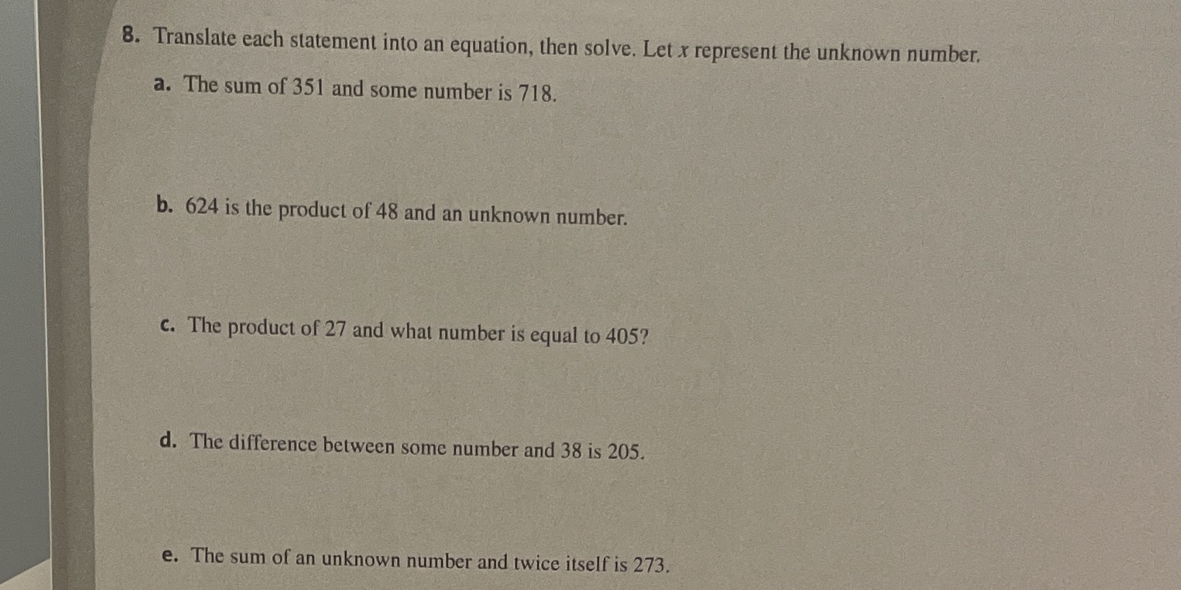 8. Translate each statement into an equation,