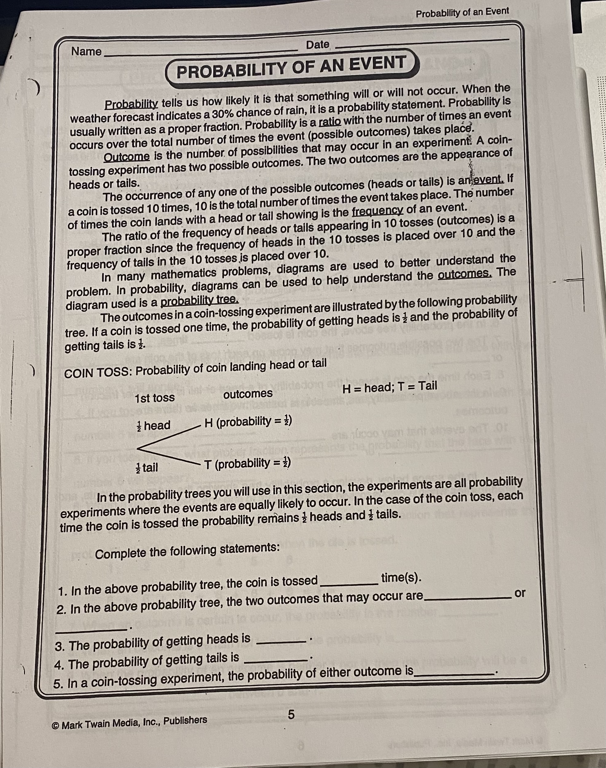Probability Ratios: Between 0 and 1 Name Date