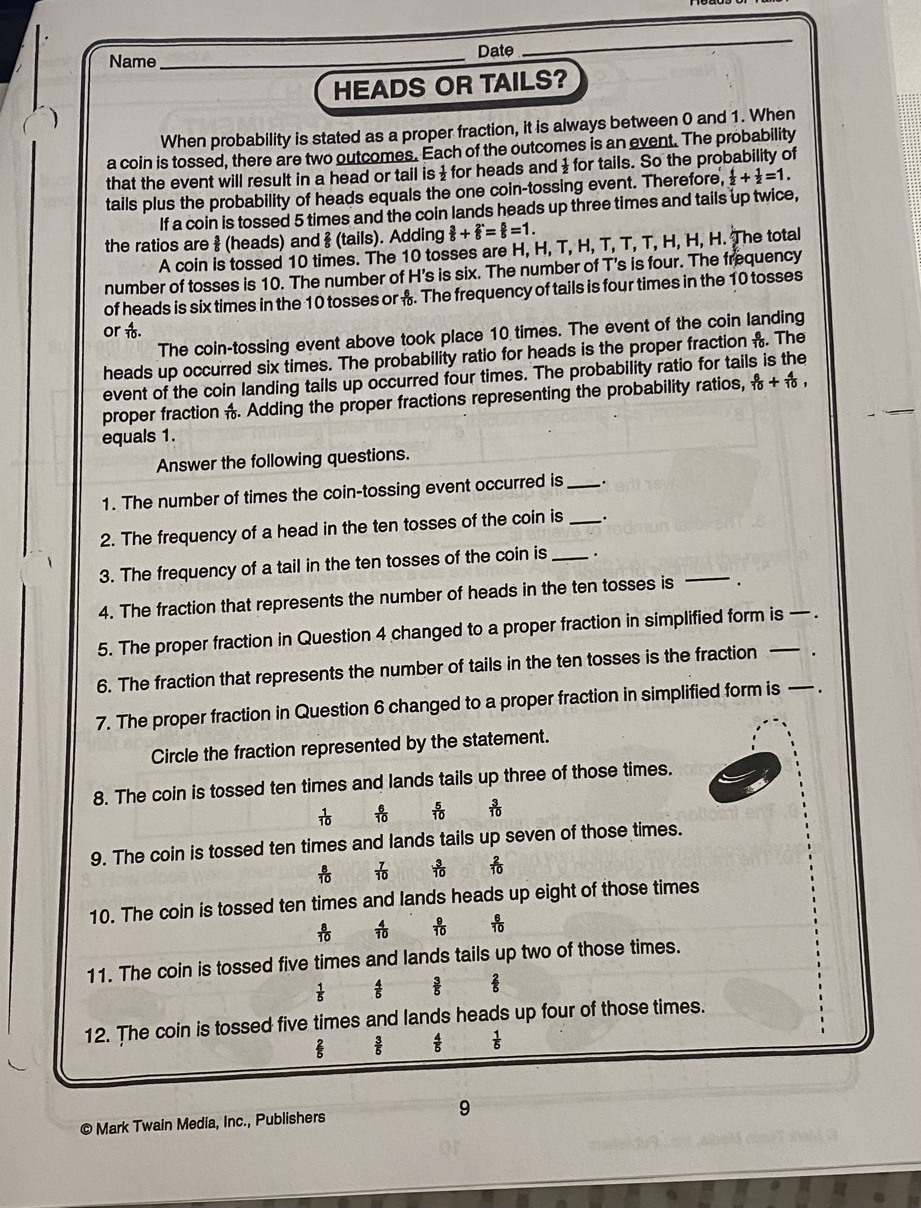 Probability Ratios: Between 0 and 1 Name Date