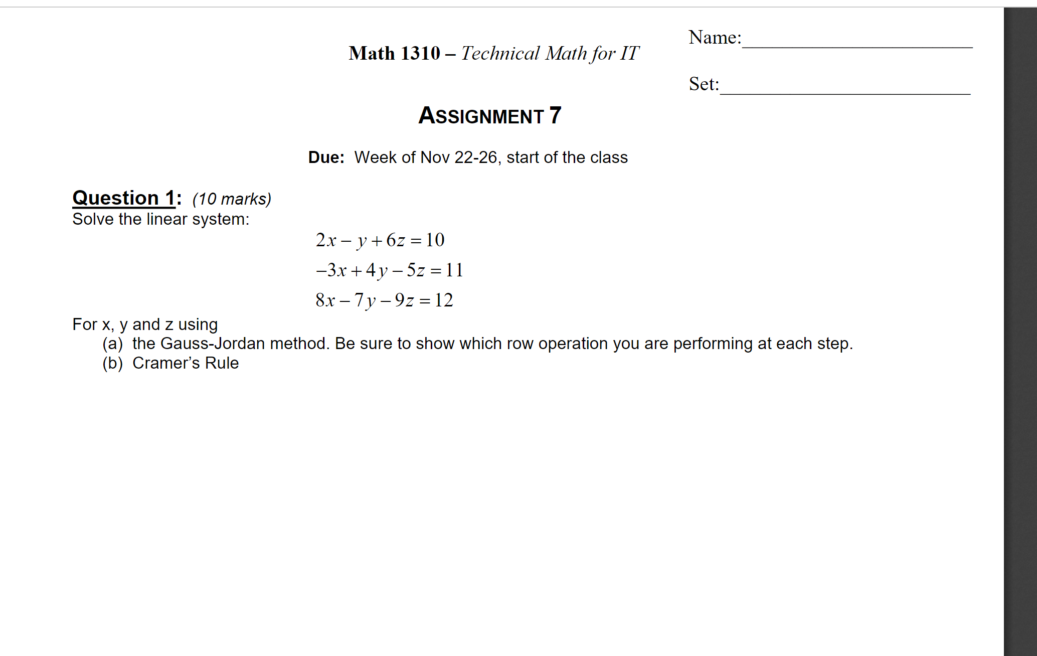 Name: Math 1310 - Technical Math for IT Set: