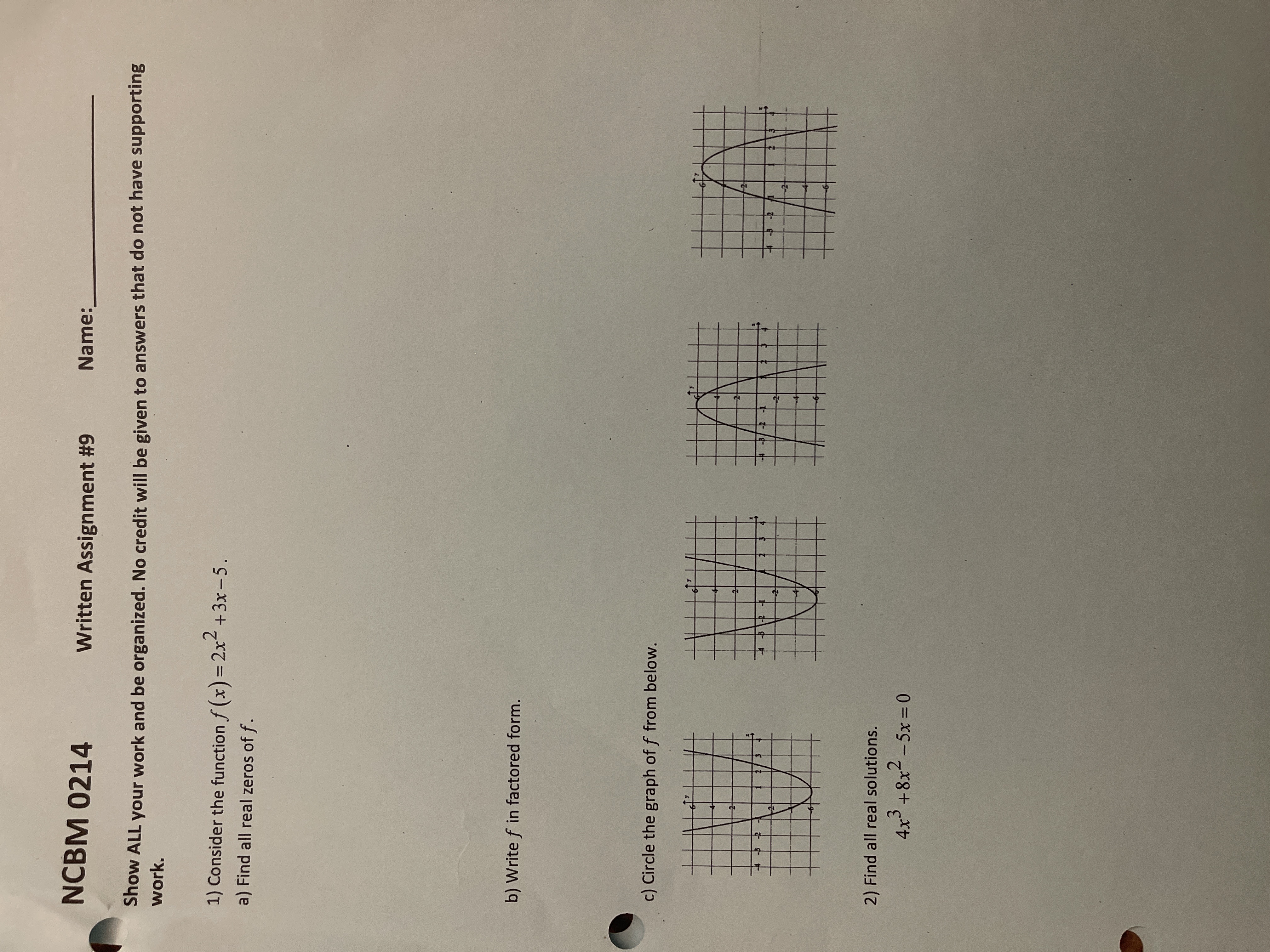 NCBM 0214 Written Assignment #9 Name: Show ALL