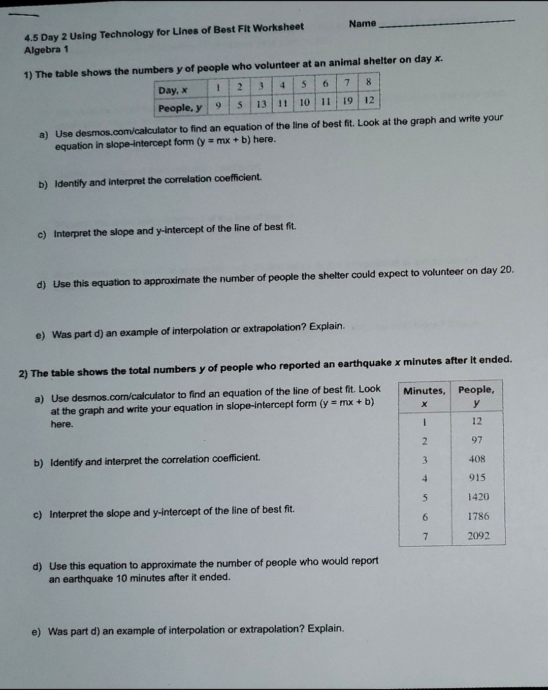 4.5 Day 2 Using Technology for Lines of Best Fit