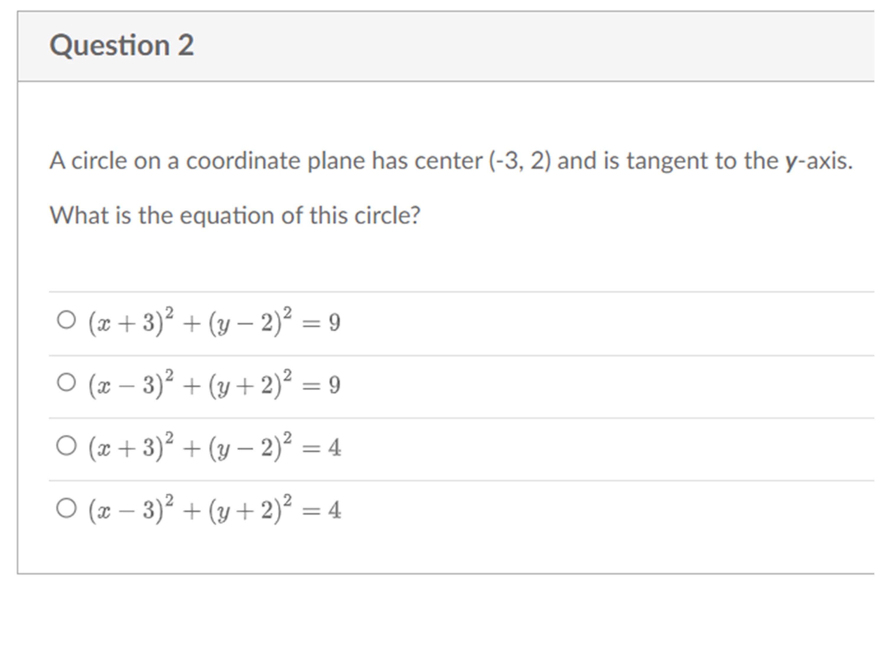Question 2 A circle on a coordinate plane has