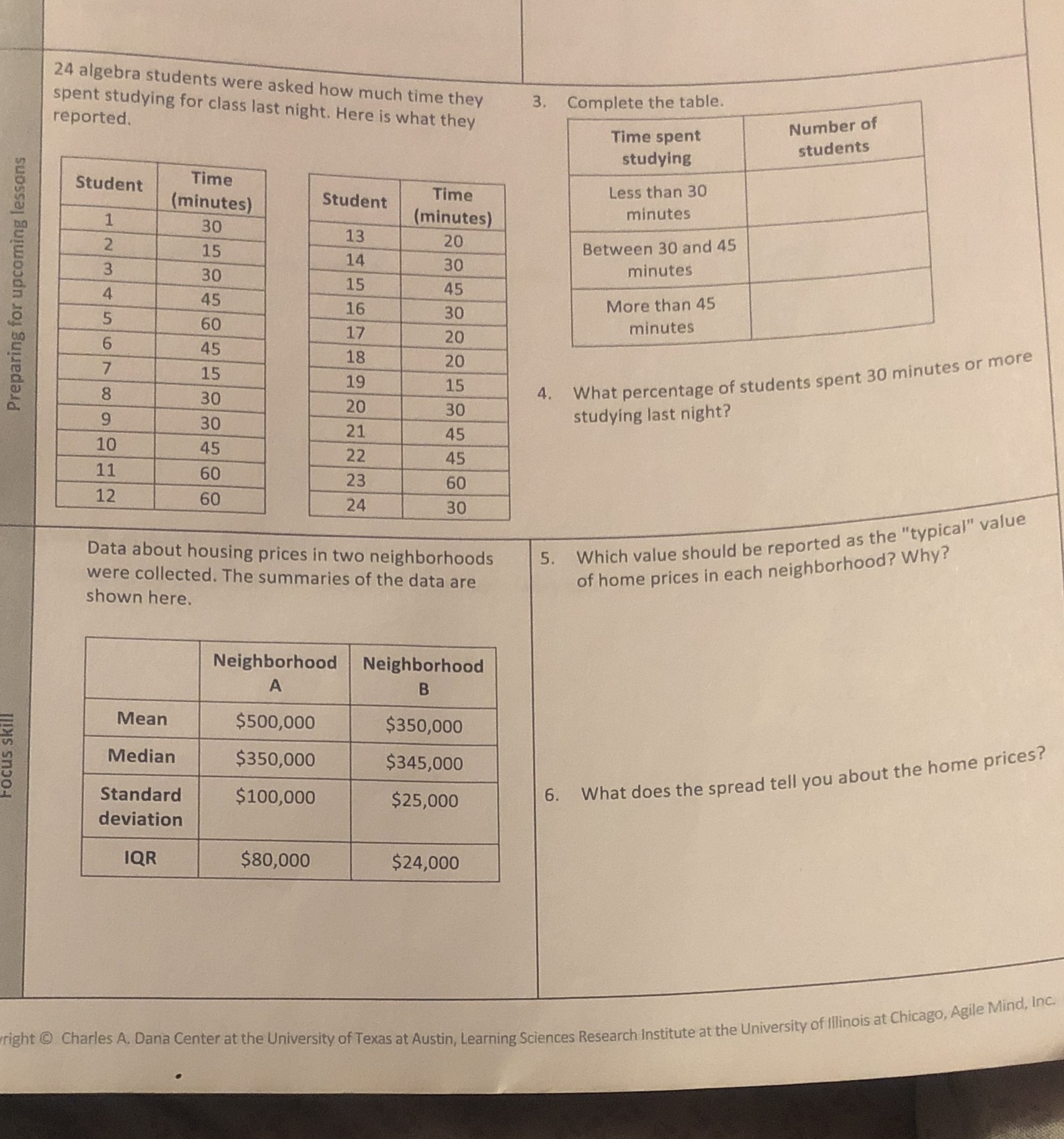 24 algebra students were asked how much time they