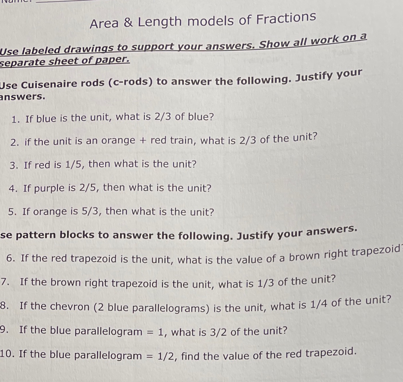 Area & Length models of Fractions Use labeled