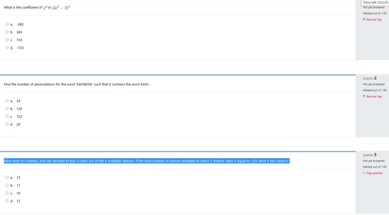 What is the coefficient of x^6 in (2x^2-3)^5 a.