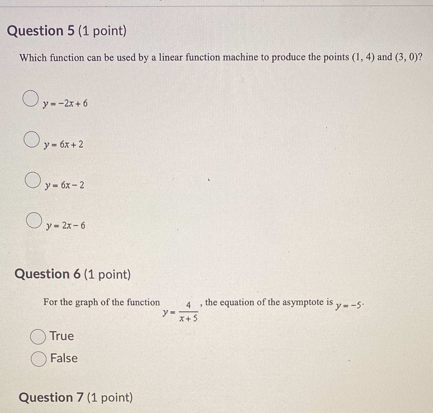Test Question 5 (1 point) Which function can be