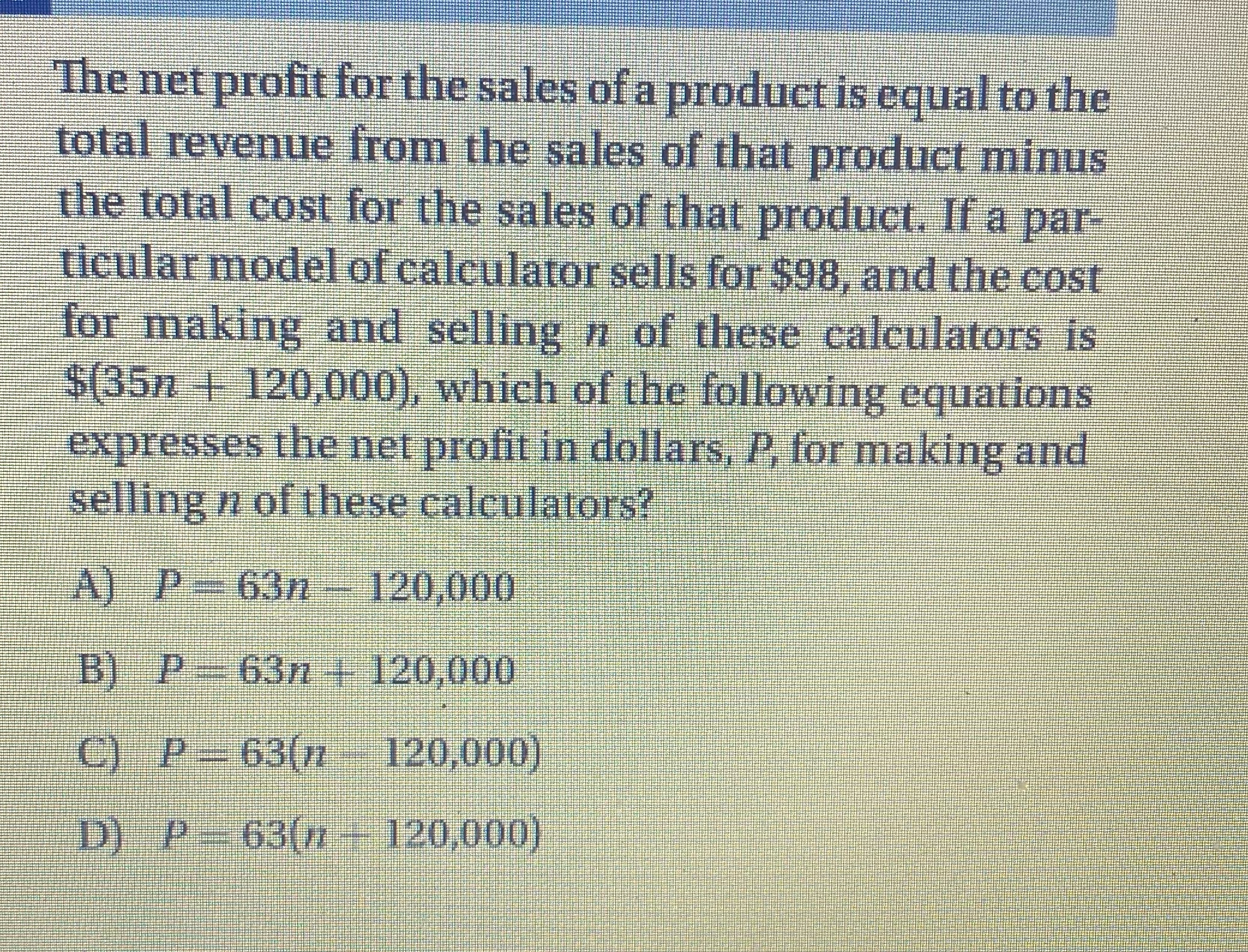 The net profit for the sales of a product is